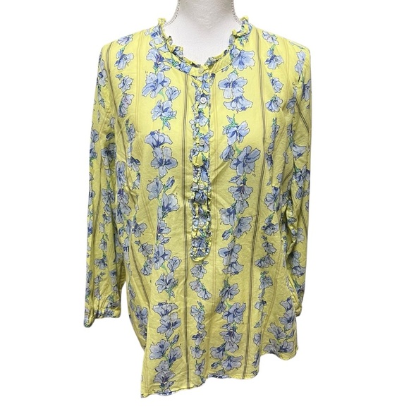 TALBOTS Soft Cotton Popover Top Ruffled Blue/Yellow Floral - Long Sleeve - Sz 1X - Picture 2 of 13